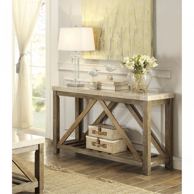 Industrial Style Angled Support Sofa Table With Marble Top And Bottom Shelf, Ideal For Living Room Decor.