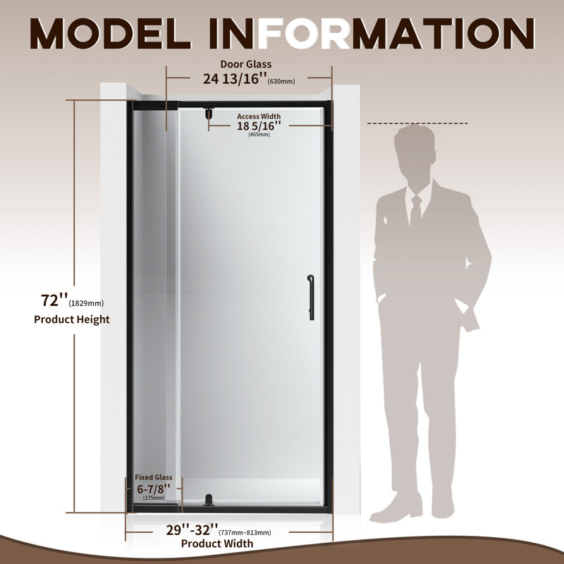 29-32" W x 72" H Width Adjustable Framed Shower Door, Left/Right Reversible Opening & Waterproof Design, ANSI-Certified Tempered Glass with Rotatable Panel, Easy Clean Coating & Stainless Steel Handle, Space-Saving for Bathrooms