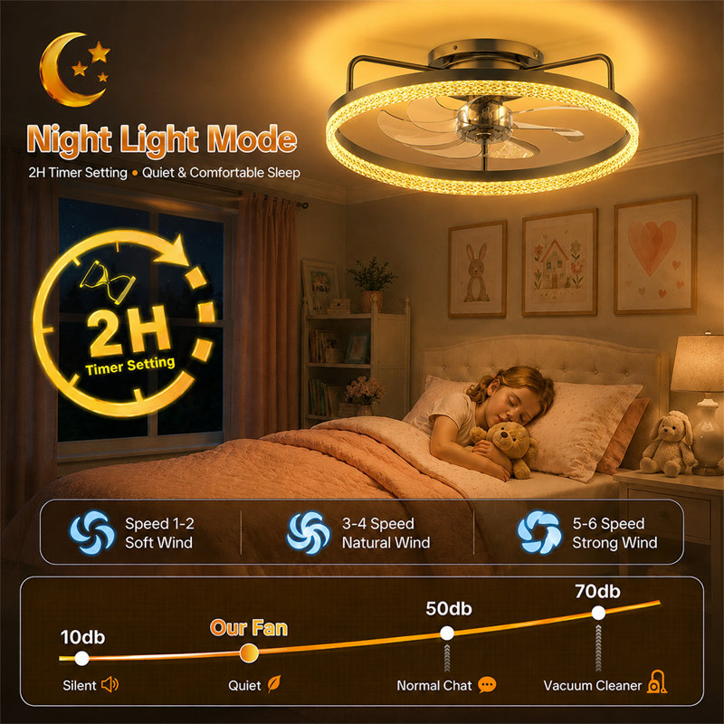 AK 50CM Ultra-Thin Ceiling Fan With Light, Black Diamond Pattern, Downward Lighting, 2.4G Remote Control, American Standard Hardware, Modern Bladeless Fan Light For Bedroom Living Room