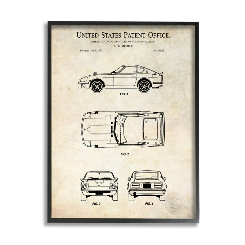 Schéma technique d'une automobile, L 24 po x H 24 po, Giclée encadrée noir minuit