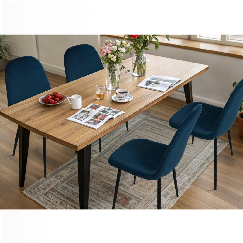 Ensemble de 4 chaises de salle à manger modernes en velours, chaises d'appoint rembourrées avec pieds en métal noir, chaises d'appoint confortables pour le salon, la chambre à coucher, le restaurant et la salle à manger, bleu foncé