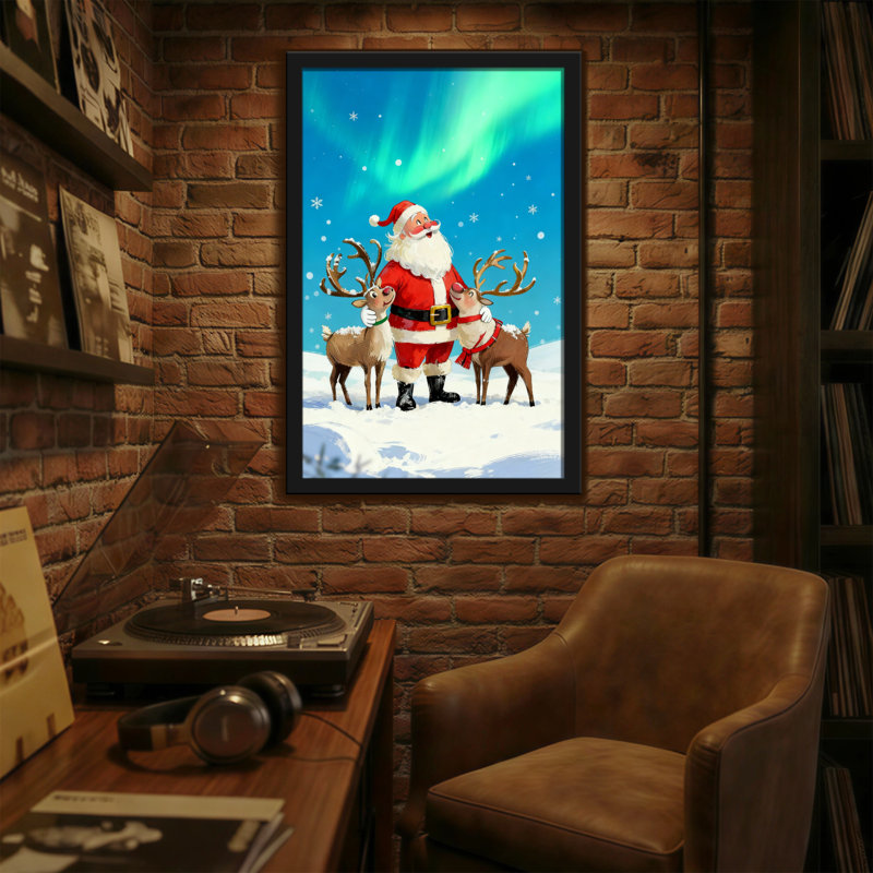 Noël père Noël avec renne dans un paysage enneigé, H 18 po x l 12 po