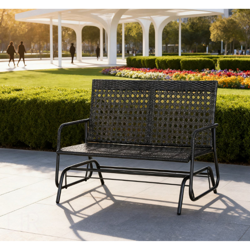 Patio 2-Person Wicker Glider Bench Rocking Chair, Outdoor All-Hand Woven PE Rattan Loveseat W/ Ergonomic Design Rocking System For Patio, Garden, Porch, Lawn