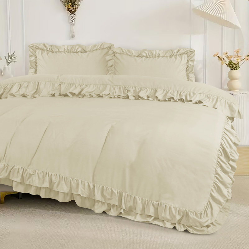 DUVET FRILL Microfiber Solid Colour Duvet Cover with Pillowcases, Cream, Single Duvet Cover + 1 Standard Pillowcase
