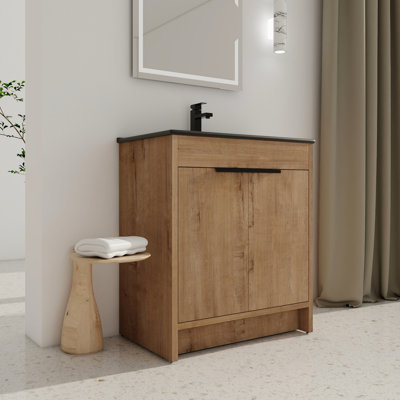 Armoire de salle de bain autoportante - cuve 30 "avec 2 portes à fermeture douce et tablette ajustable en céramique noire avec poignée en métal