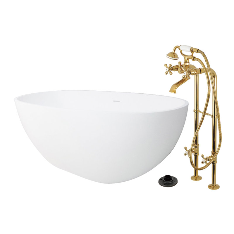 Kingston Arcticstone 65-Inch Solid Surface Oval Double Ended Freestanding Tub With Faucet Combo And Drain, Polished Brass