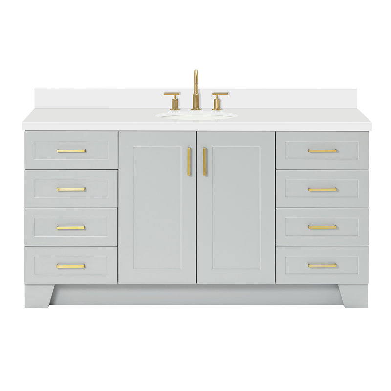 Meuble-lavabo simple en bois massif gris Freitas de 67 po avec comptoir en quartz blanc pur de 1,5 po, évier central ovale