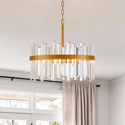 Casandra 5-light Drum Crystal Glass Chandelier - 18.5 inches in diameter x 16.5 inches H - Medium-gloss Brushed Brass
