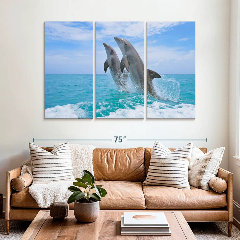 Bramph dauphins jouant en mer, H 42 po x l 65 po