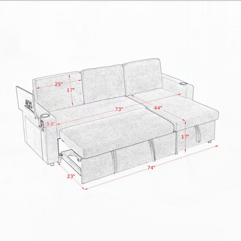 Modern Chenille Multi-functional Pull-Out Bed Sofa with Retractable Table and LED Lighting, Black Chenille