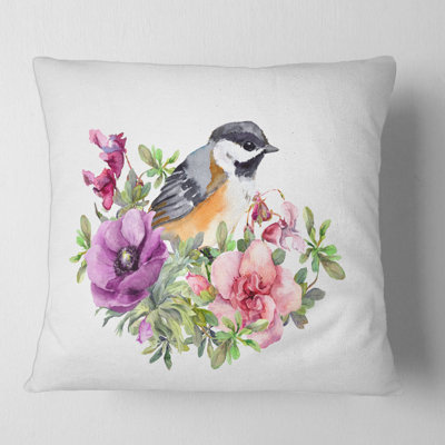 Housse et insert de coussin carré mignon oiseau et fleurs