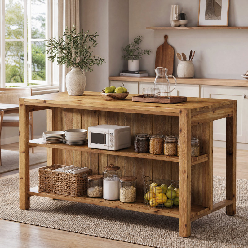 Îlot de cuisine en bois massif de 150 cm avec 2 tablettes de rangement ouvertes, table de préparation autoportante de style campagnard à hauteur du comptoir