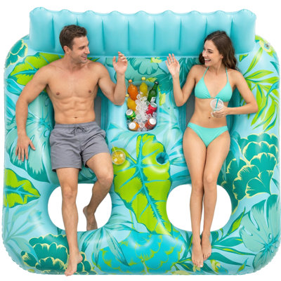 Flotteur de piscine gonflable pour 2 personnes avec glacière et porte-gobelets intégrés, salle d'eau robuste avec appui-tête, sièges en filet et repose-pieds pour le lac, la rivière, la plage, la piscine d'été