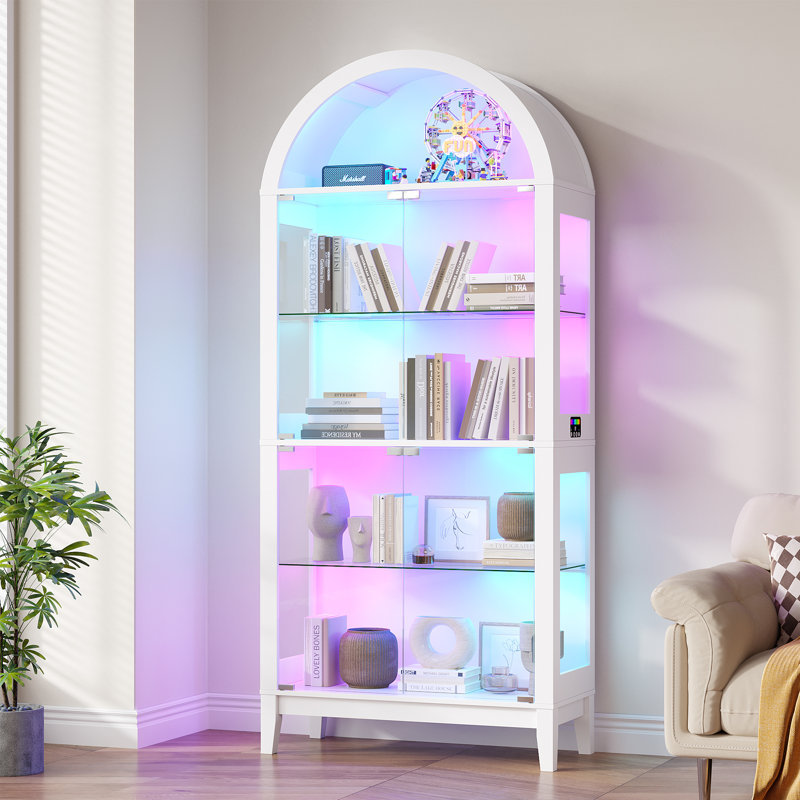 Vitrine à 5 niveaux avec tablette en verre arquée avec éclairage RVB et capteur de mouvement, Blanc