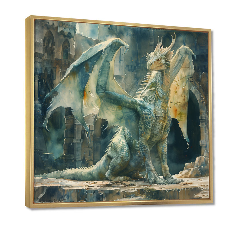 «Green Antique Ruins Dragon I - Dragons», art mural, Toile avec cadre flottant or, H 16 po x l 16 po x P 1 po