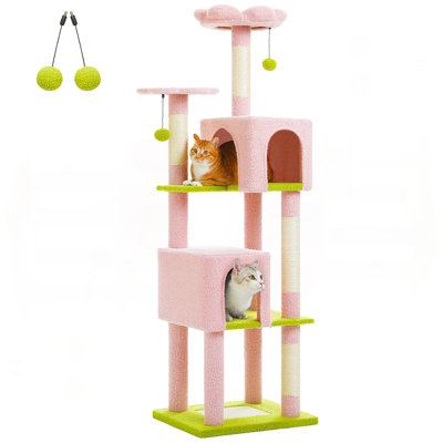 Arbre à chat pour chats d'intérieur, tour de chat à plusieurs niveaux de 62 po avec 2 condos spacieux, patin à gratter, 4 poteaux à griffer, 2 perchoirs, 2 pompons