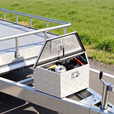 Trailer Tongue Box, 26" x 13" x 12" Aluminum Trailer Tongue Tool Box, Heavy Duty Storage Organizer with Lock and Keys, Utility Tool Chest for Pickup Truck Bed, RV, SUV, Off-Road Vehicle, Silver