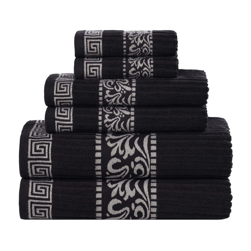 Mikira Athens Cotton Medium Weight Floral Border Greek Key Trim 6 Piece Assorted Towel Set, Black/Chrome