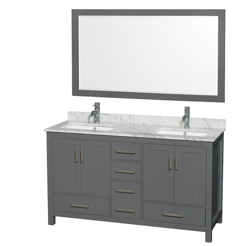 Meuble-lavabo double autoportant 60 po avec plateau en marbre Sheffield, Gris foncé