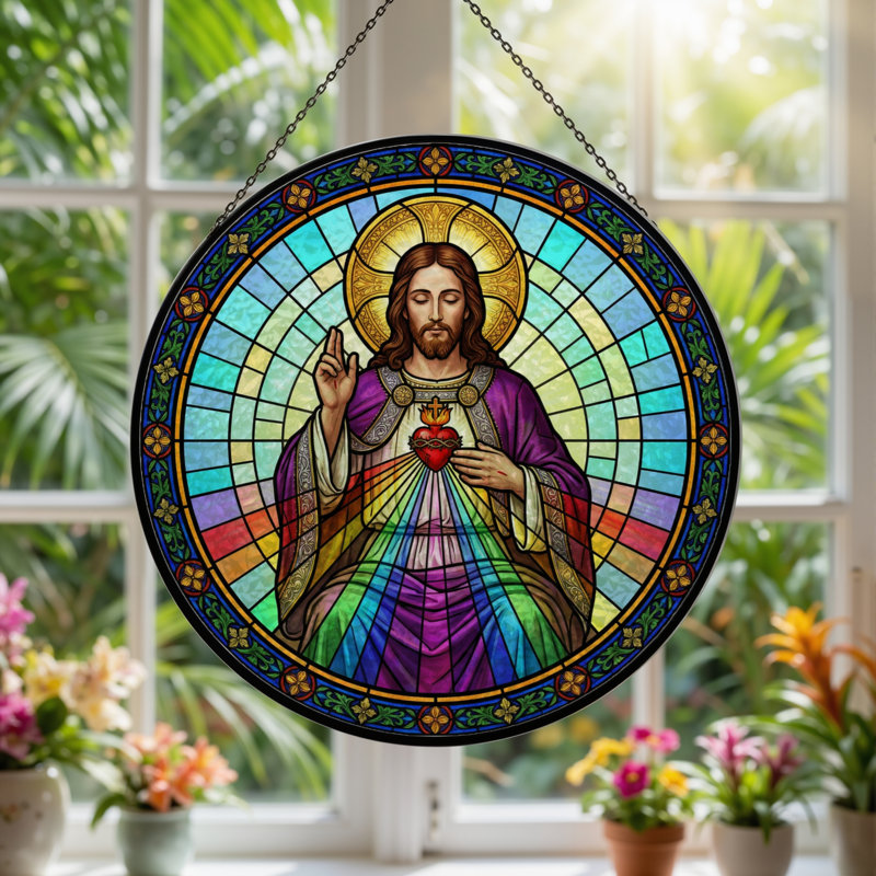 Panneau de vitrail Sacred Heart, H 12 po, H 12 po