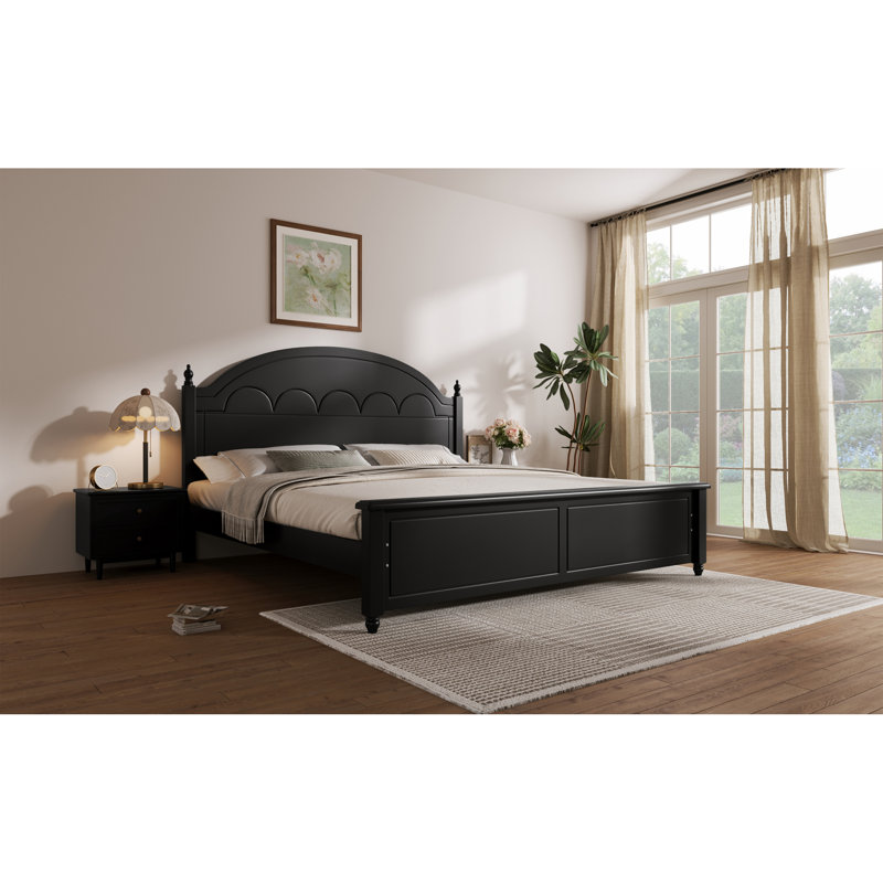  Structure de lit grand format en bois avec tête de lit arquée sophistiquée et finition noire aux lignes épurées, Queen