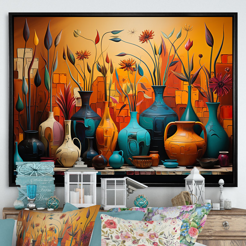 «Orange Boho Pottery Expressions I», art sur toile Boho Pottery, Cadre flottant noir, H 30 po x l 40 po x P 1,5 po