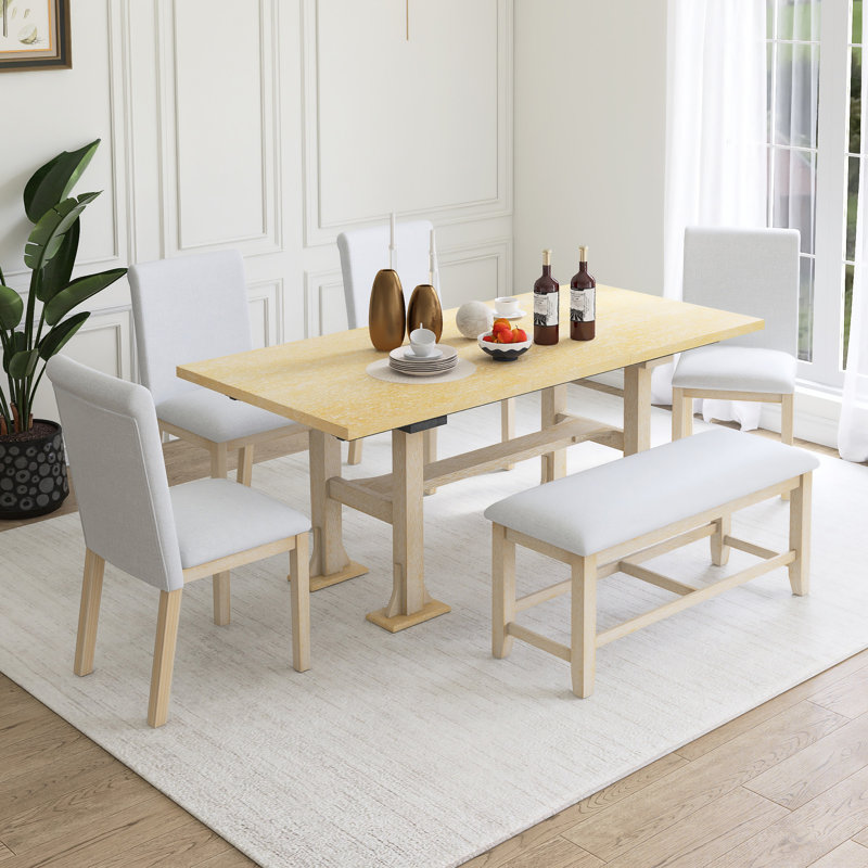 Ensemble de table de salle à manger extensible 6 pièces avec banc en bois, Naturel