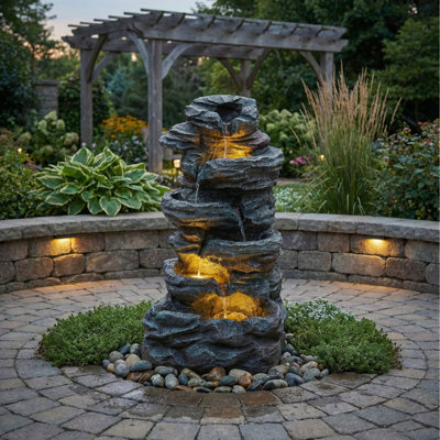 6-Tier Cascading Stone Waterfall with LED Glow for Patio & Garden Decor