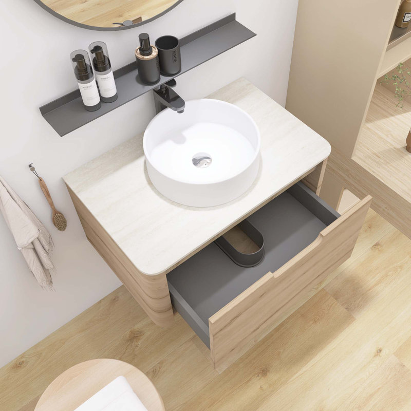 Wall-Mounted Pre-Assembled Plywood Bathroom Vanity With Sintered Stone Top, Drawer, And Round Ceramic Basin, White Oak Woodgrain Color