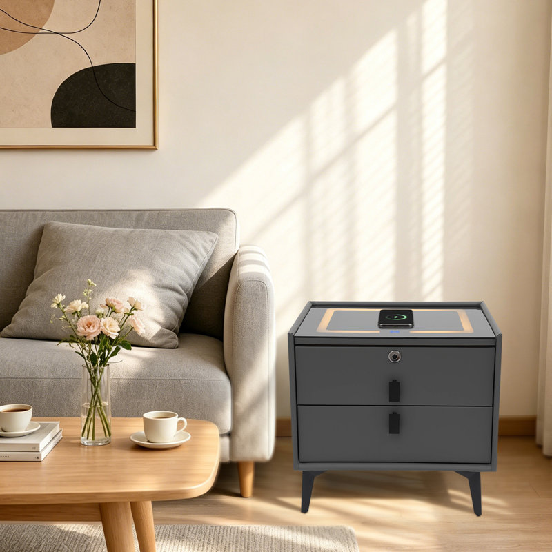 Bluetooth Speaker Smart Bedside Table With Light USB& Wireless Charging, Dark Gray