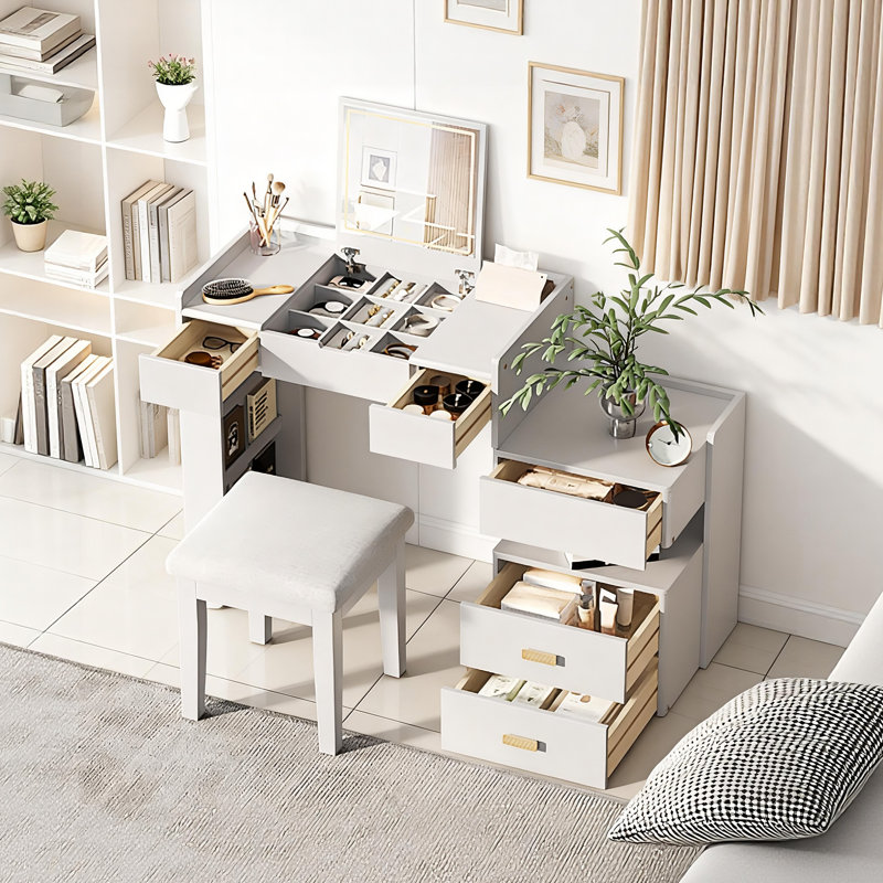Multi-Functional 3-In-1 Makeup Vanity Desk With Flip-Top Mirror, Led Lighting, Adjustable Length & Ample Drawers, White