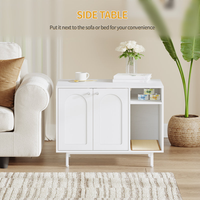 Cat Litter Box Enclosure, Hidden Litter Box Furniture with Scratching Mat, Wooden Pet House Side End Table, Tall Legs, Double Doors, 80 x 50 x 61 cm, White and Gold, Black and Gold, White
