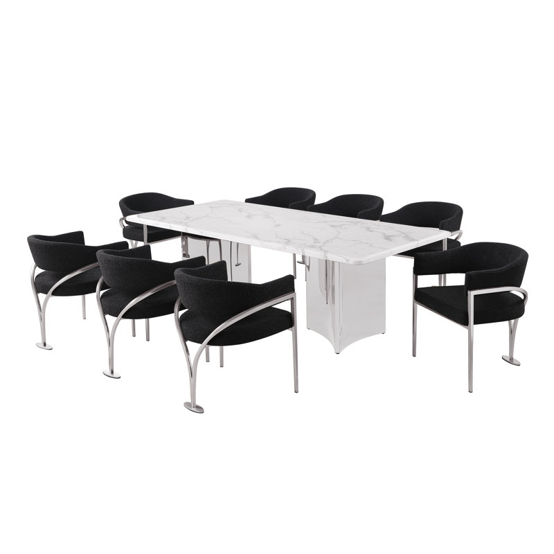 Ensemble de salle à manger en marbre blanc Grand avec chaises d'appoint en tissu Boucle, Noir, Argent argent