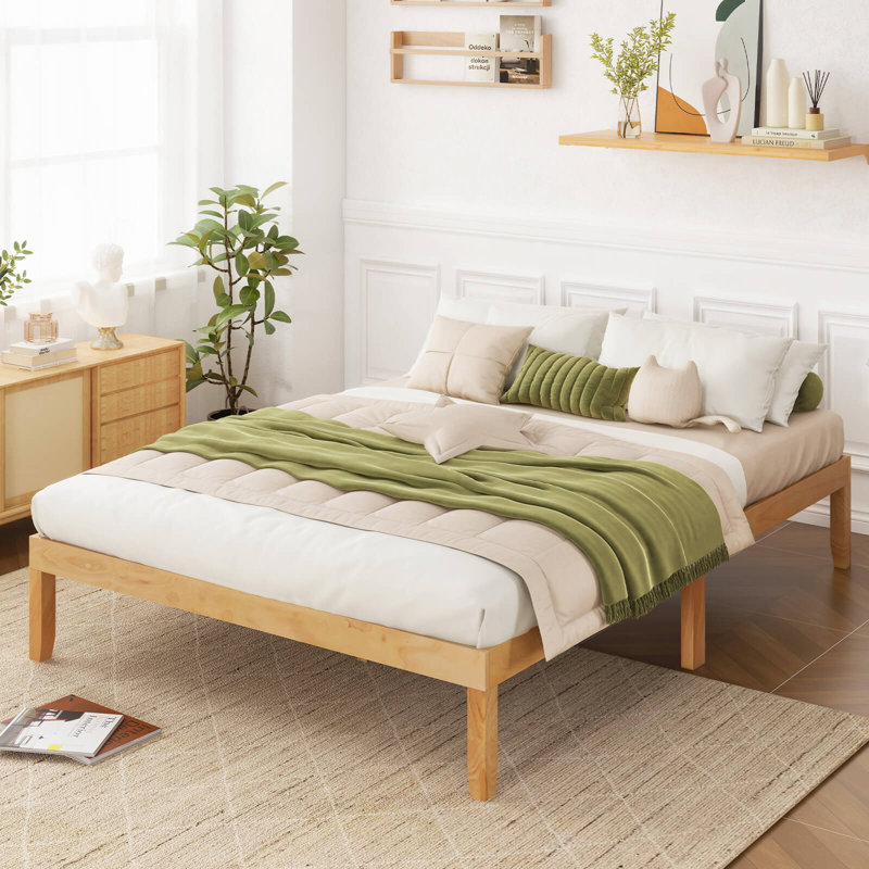 Base de lit plateforme en bois 14 po avec pieds en bois d'hévéa, Beige, Grand lit
