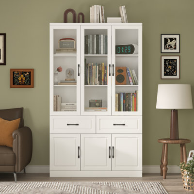 White 2-Drawer Bookcase With Glass Doors
