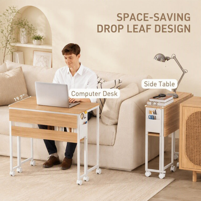 Bureau pliable avec sac de rangement, étagère et roulettes pour petits espaces, optimisant l'efficacité du bureau à domicile