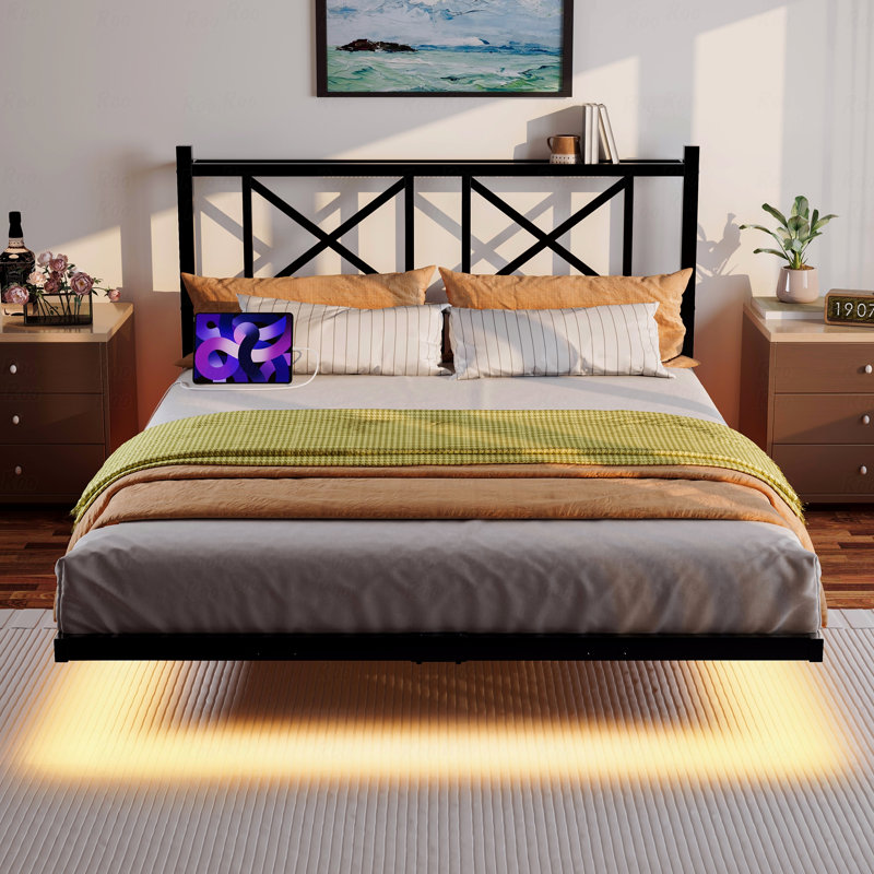 Base de lit plateforme, avec tête de lit et fonction de rangement, taille double avec USB avec station de charge et éclairage DEL, avec lattes en acier robuste