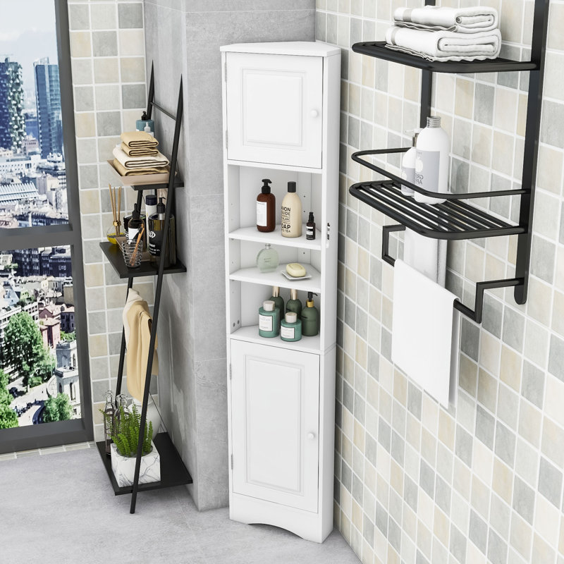 Castellane Elegant Corner Tall Bathroom Cabinet with Adjustable Shelves and Storage Cabinet, White
