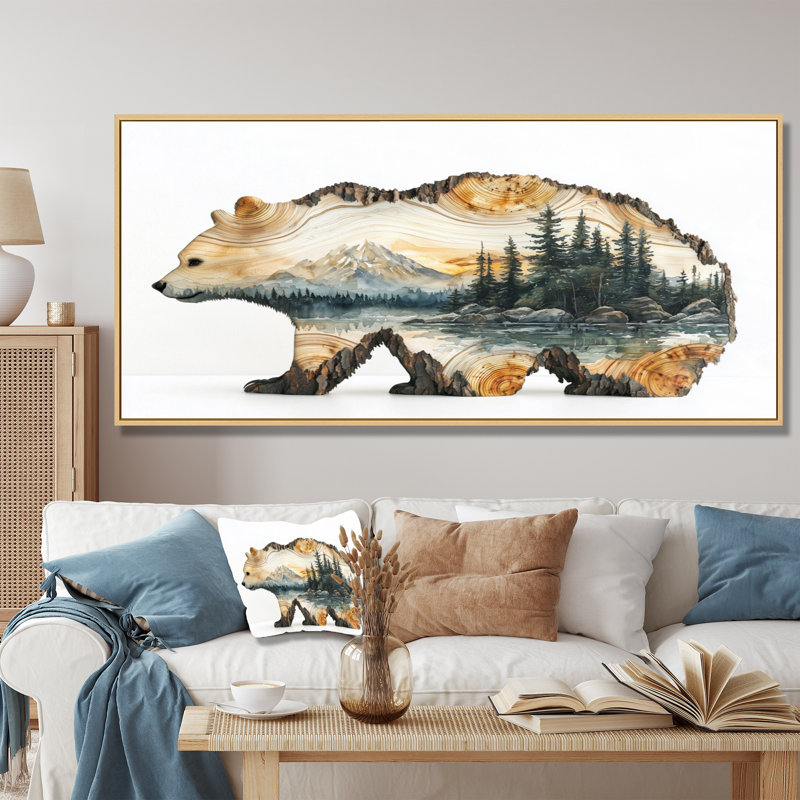 Double exposition ours dans le lac I - art mural ours, H 28 po x l 60 po, Cadre flottant, Brun