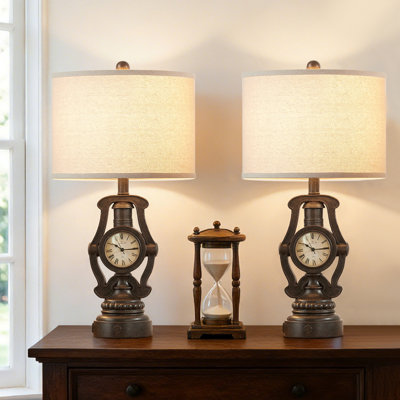 25″ Vintage Clock Table Lamps with Silent Clock, 3-Way Touch Dimming & USB A+C Charging（set of 2）