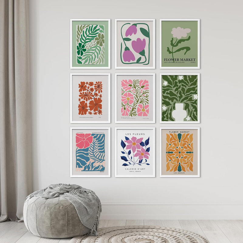 «Multicolor Colorful Vibrant Forest Wildflowers Nature Wilderness Calm Boho», impression sur papier 9 pièces, Cadre blanc