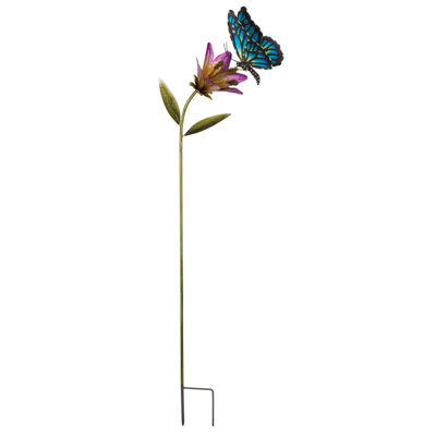 45" Metal Butterfly and Flower Decorative Garden Stake with Weather Resistant Paint and Sturdy Ground Stake