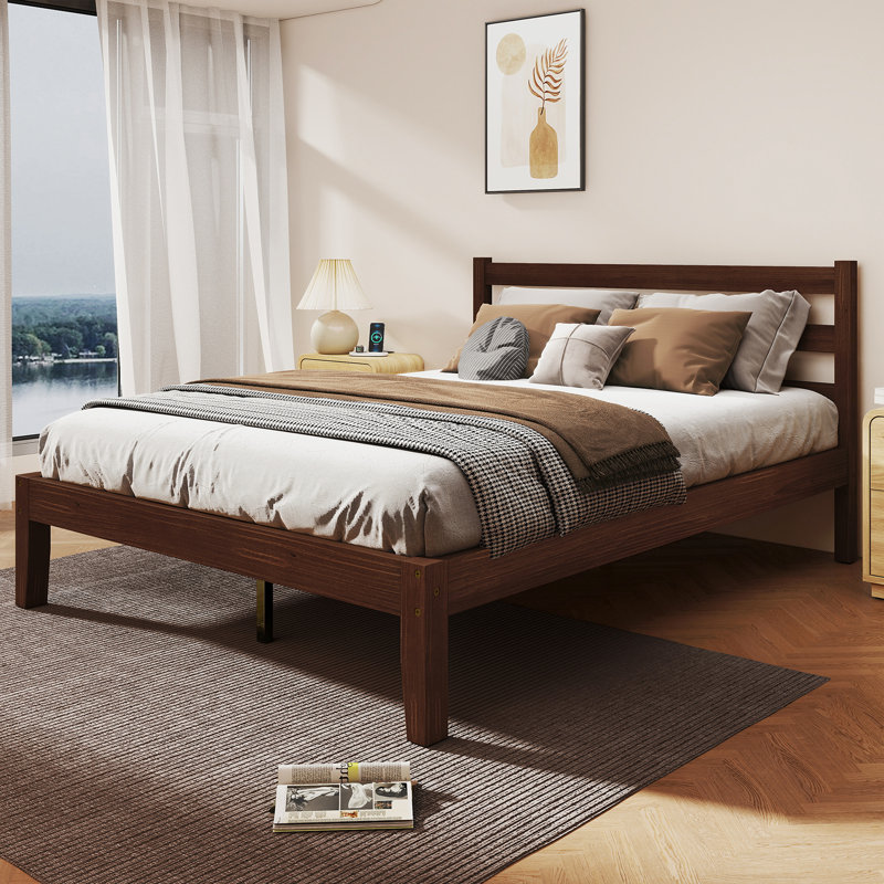Mid-Century Solid Wood Platform Bed with Headboard, Modern Bed Frame with Quiet & Sturdy Support - No Box Spring Needed