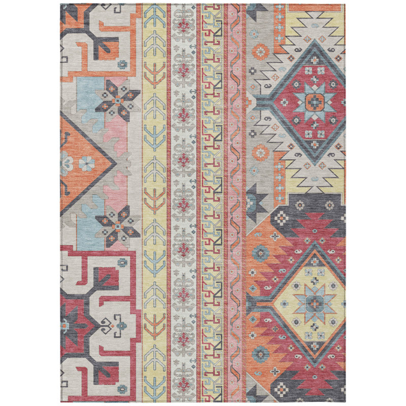 Tapis intérieur lavable 3 pi x 5 pi rose et jaune Aztec