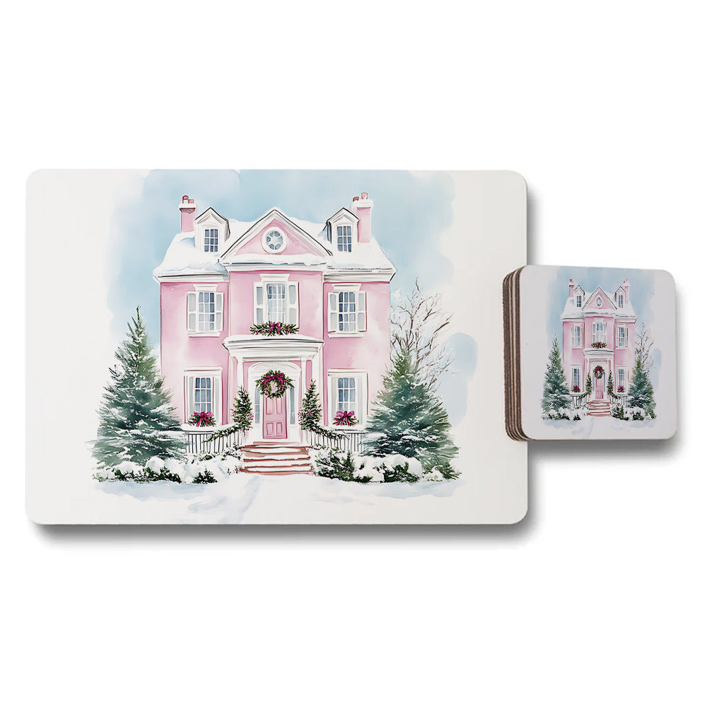 Pink Winter House Placemat and Coaster Set with Snowy Scene