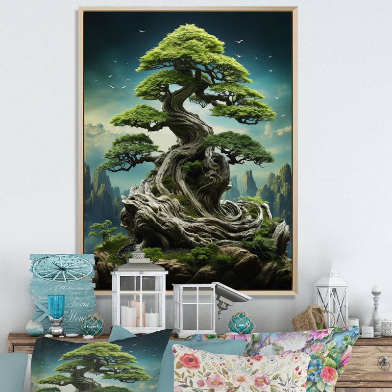 Art asiatique, sagesse bonsaï II, H 20 po x l 12 po x P 1 po, Toile naturelle avec cadre flottant