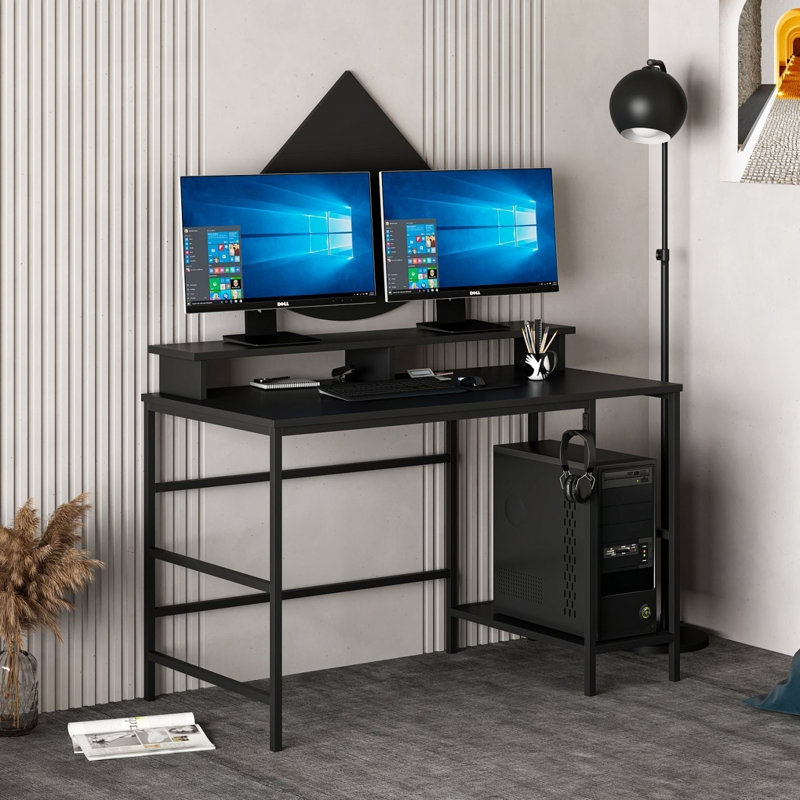 Modern Black Study Desk with Upper & Lower Shelves, 47.2 x 29.1 x 23.6 inches | 100% Melamine Coated Particle Board, Thickness: 0.7 inches | Industrial Design, Perfect for Home Office & Study Spaces