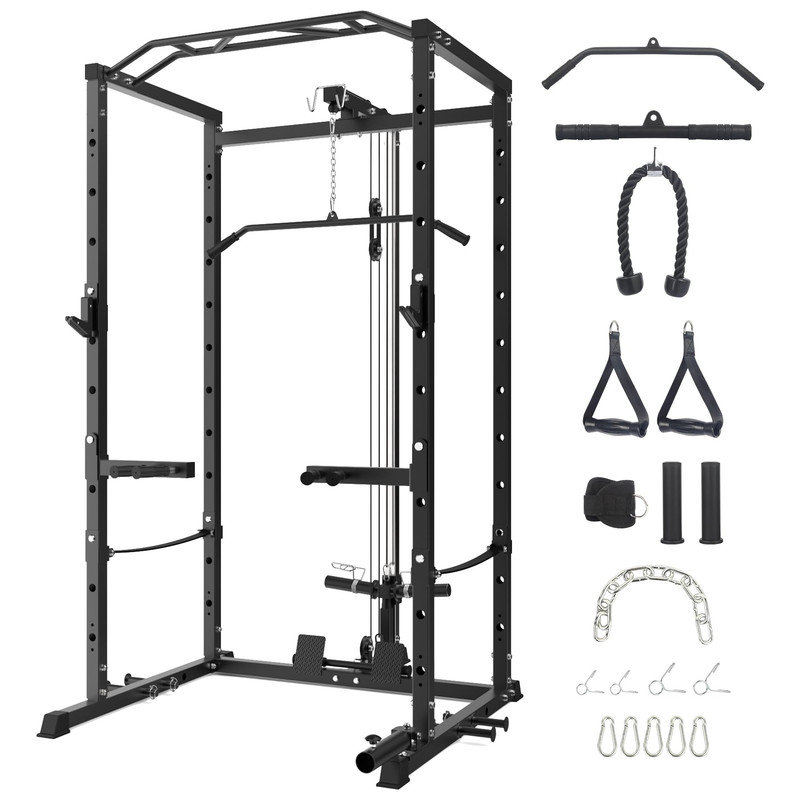 Râtelier électrique de 1 600 lb avec LAT Pulldown - Cage de gymnastique à la maison multifonctionnelle, station de squat et de banc, système Dip Bar et poulie inclus - NOIR