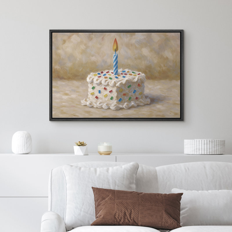 «Birthday Cake with Candle Celebration Decor», reproduction d'art sur toile encadrée, H 16 po x l 24 po, Noir