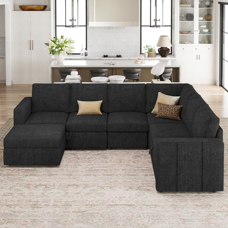 Grand canapé-lit modulaire avec repose-pieds Seybert, Chenille grise foncée